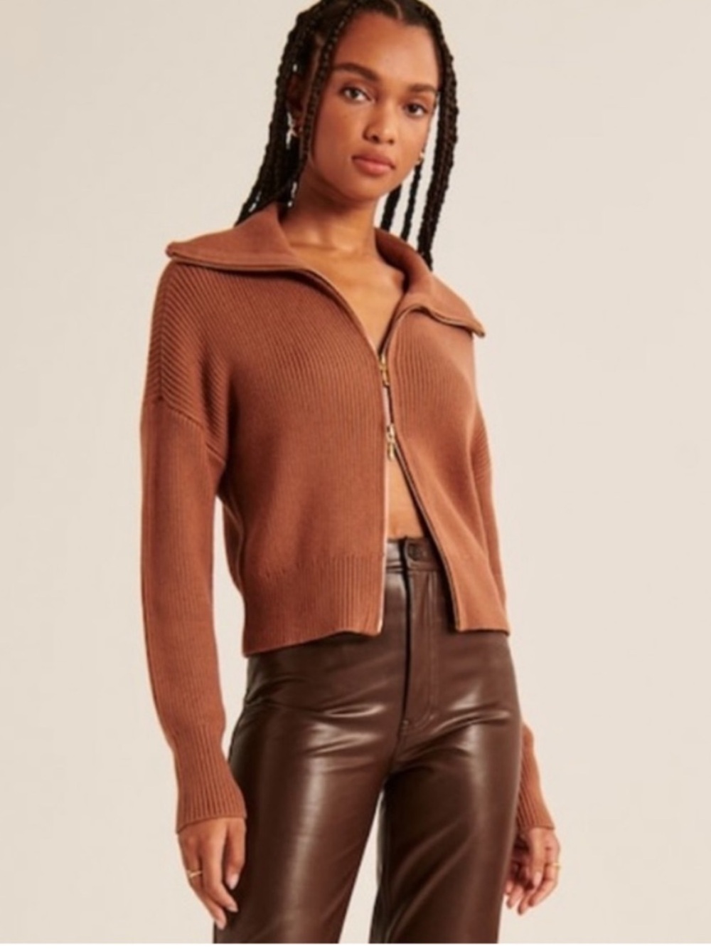 Abercrombie & Fitch Rust Brown Zip-Front Ribbed Sweater